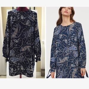 H&M Long Sleeve Blue Paisley Shift Dress Size 10